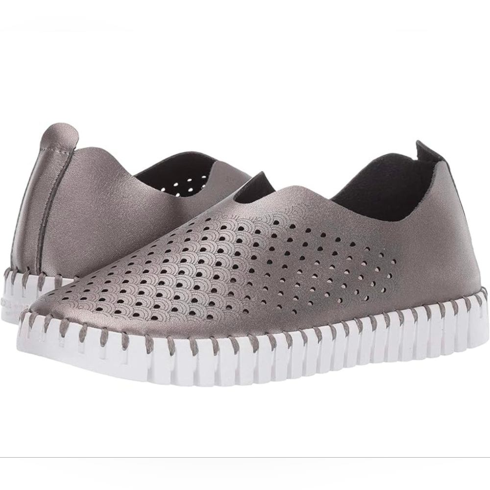 Ilse Jacobsen Tulip Perforated Slip-ons In Gunmetal Leather